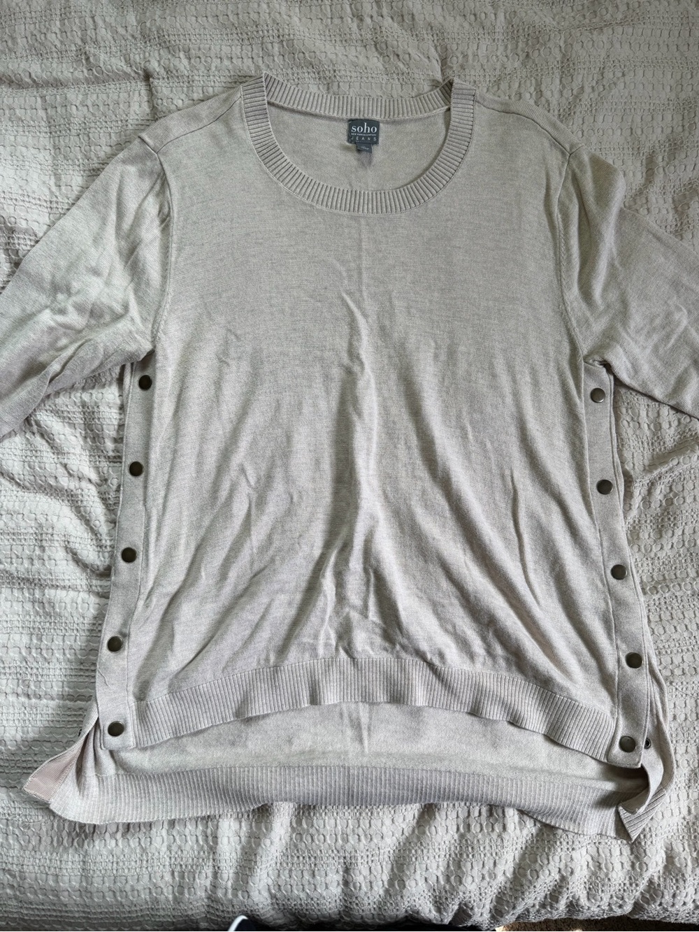 New York & Company Cream Crewneck Sweater with Side Buttons